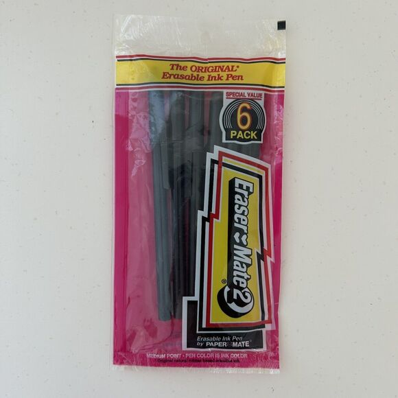 Paper Mate Pens Eraser 2 Gillette Black Ink Med Point 6 Pack Sealed 90s Vtg NOS - Picture 1 of 4